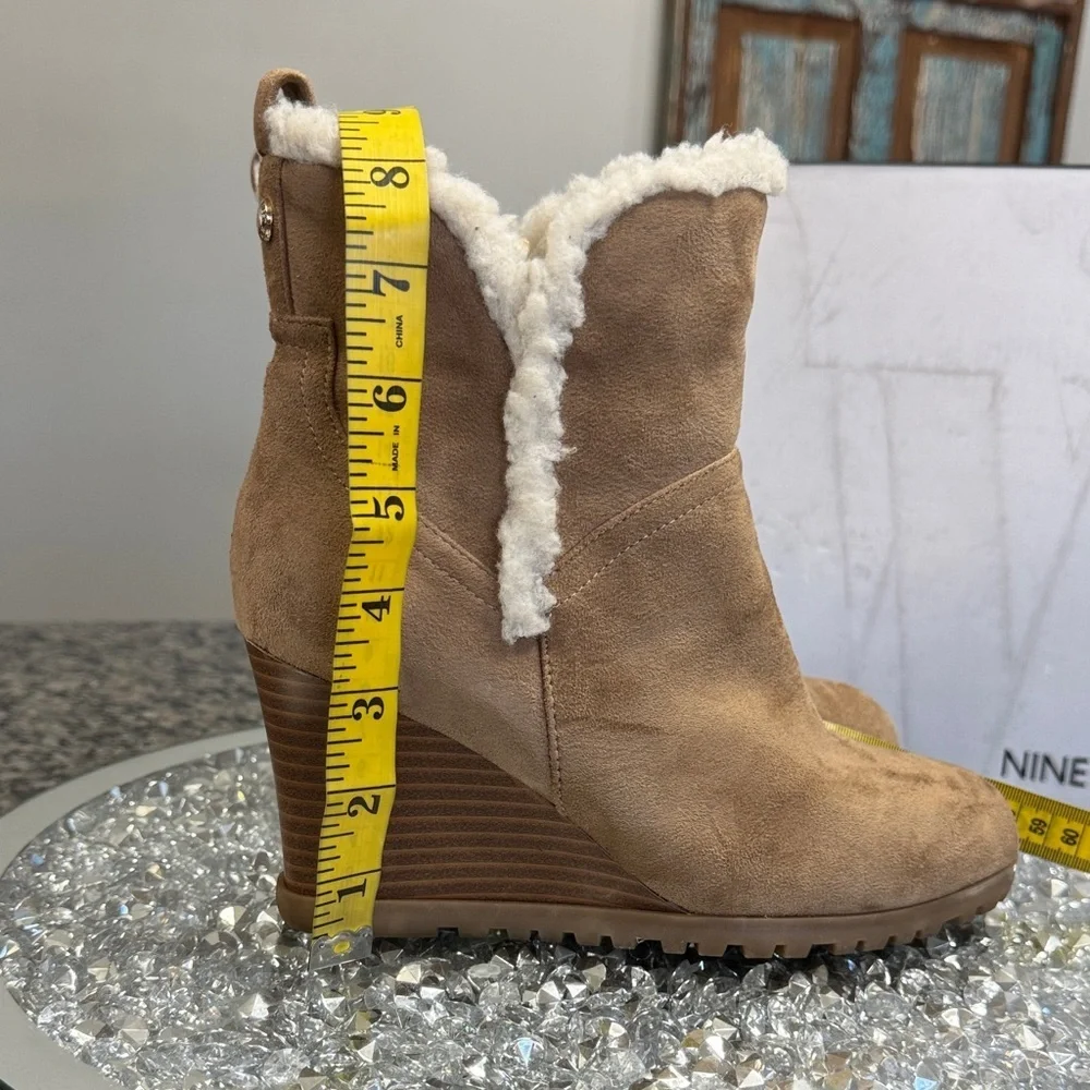 Nine West Camino 2 Brown Wedge Sherpa lined Boots with Shearling Trim 7
